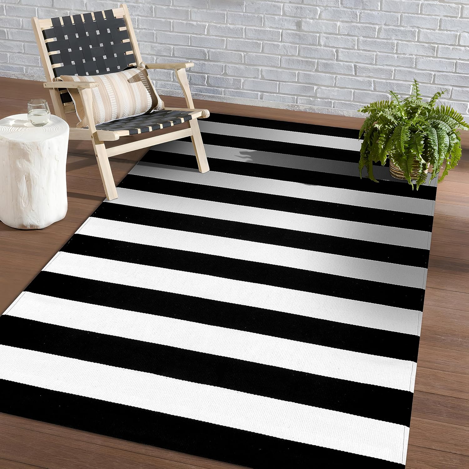 KOZYFLY Black and White Striped Area Rug