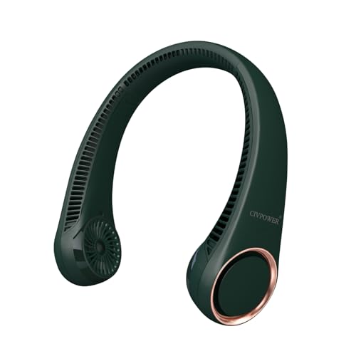 CIVPOWER Neck Fan: Portable Personal Neck Cooling Rechargeable Bladeless Fan - Hands Free 3 Speed 4000 mAh Battery USB Operated Wearable Headphone Design - for Men Women Outdoor Indoor (Dark Green)