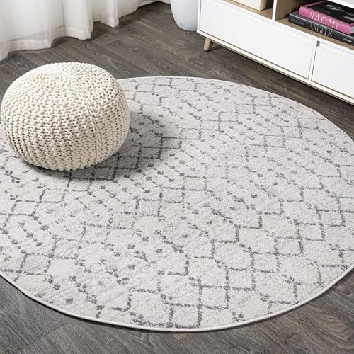 JONATHAN Y Boho Vintage Diamond Cream/Gray Round Area Rug 4 ft, Moroccan Hype for Living Room, Bedroom, Kitchen, Office, Easy-Cleaning, High Traffic, Pet-Friendly, Non-Shedding (MOH101B-4R)