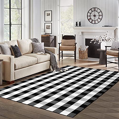IOHOUZE Buffalo Plaid Rug 5x8 Ft Indoor Outdoor Rug, Washable Rugs for Living Room, Spring Summer Welcome Mats Outdoor, Black White Rug for Farmhouse/Entryway/Home Entrance