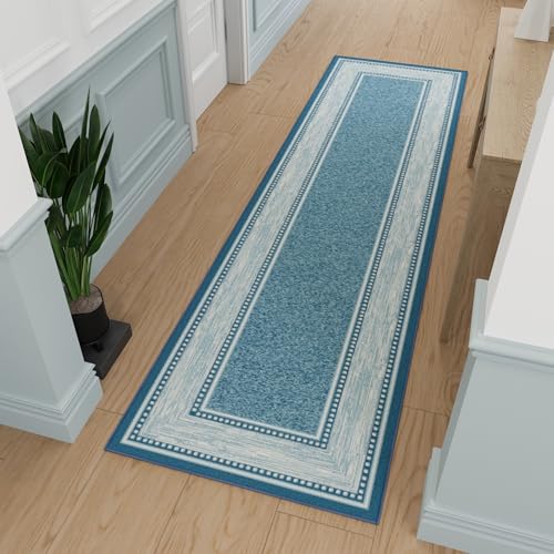 Ottomanson Hallway Runner Rug 2'7" x 9'10" Non Slip Border Area Rugs Easy to Clean Laundry Rug Runner Durable & Pet Friendly Floor Carpet Runners for Hallways Entryway Living Room Kitchen, Turquoise