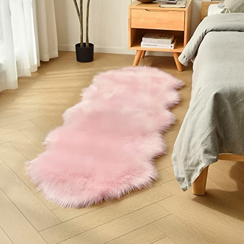 duduta Pink Faux Sheepskin Runner Rugs 2x6 ft, Fluffy Shag Bedroom Rug Fur Couch Sofa Covers Washable