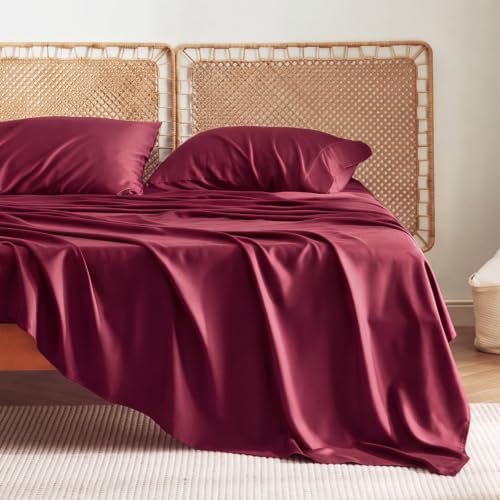 Bedsure Queen Sheet Set, Rayon Derived from Bamboo, Cooling Sheets, Breathable & Soft, Deep Pocket Up to 16 Inches, Hotel Luxury Silky Bedding for Hot Sleepers, Burgundy
