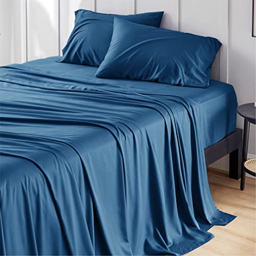 Bedsure Queen Sheets, Rayon Derived from Bamboo, Queen Cooling Sheet Set, Deep Pocket Up to 16", Breathable & Soft Bed Sheets, Hotel Luxury Silky Bedding Sheets & Pillowcases, Peacock Blue
