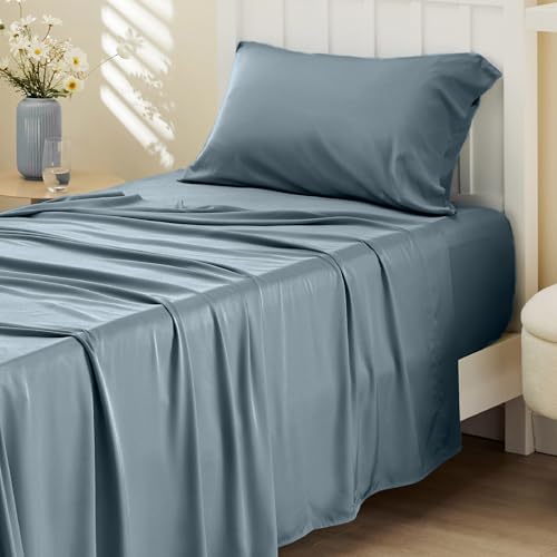 Bedsure Cooling Sheets Twin, Rayon Derived from Bamboo, Breathable & Soft Twin Sheets Set, Deep Pocket Up to 16 Inches, Hotel Luxury Silky Bedding for Hot Sleepers, Dusty Blue