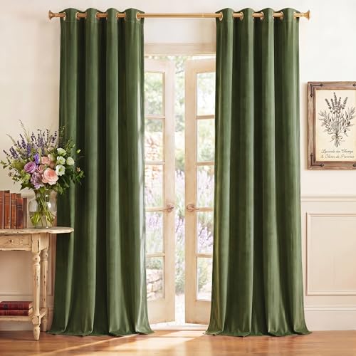 StangH Moss Green Velvet Curtains - Vintage Style Blackout Window Curtain Panels Grommet Extra Long Drapes for Party/Dining/Living Room Backdrop Decor, W52 x L108, 2 Panels