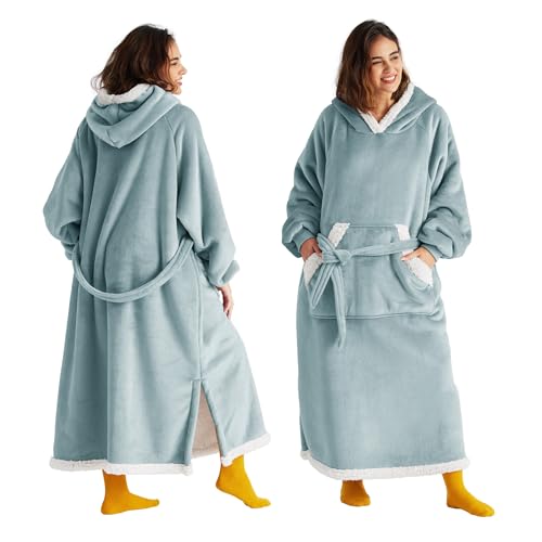 Bedsure Wearable Blanket Hoodie, Cozy Long Hooded Blanket Sweatshirt as Mothers Day Hoodie Gifts for Mom Women, Small, Light Green