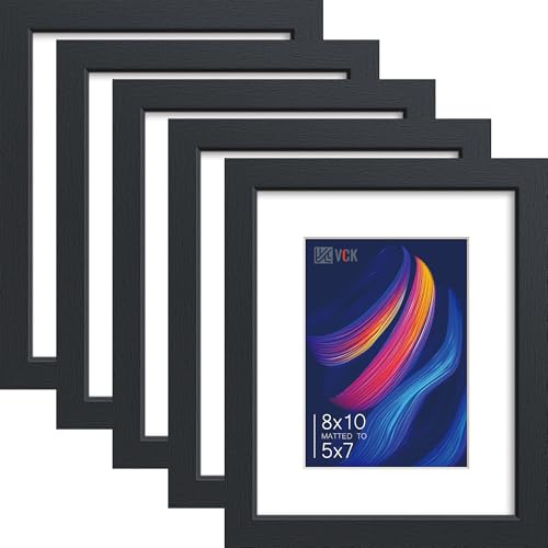 VCK Picture Frame 810 Set of 5 Display Pictures 5x7 with Mat or 8x10 Without Mat, High Definition Glass Multi Black Photo Frames for Baby Pictures, Weddings, Portraits Display