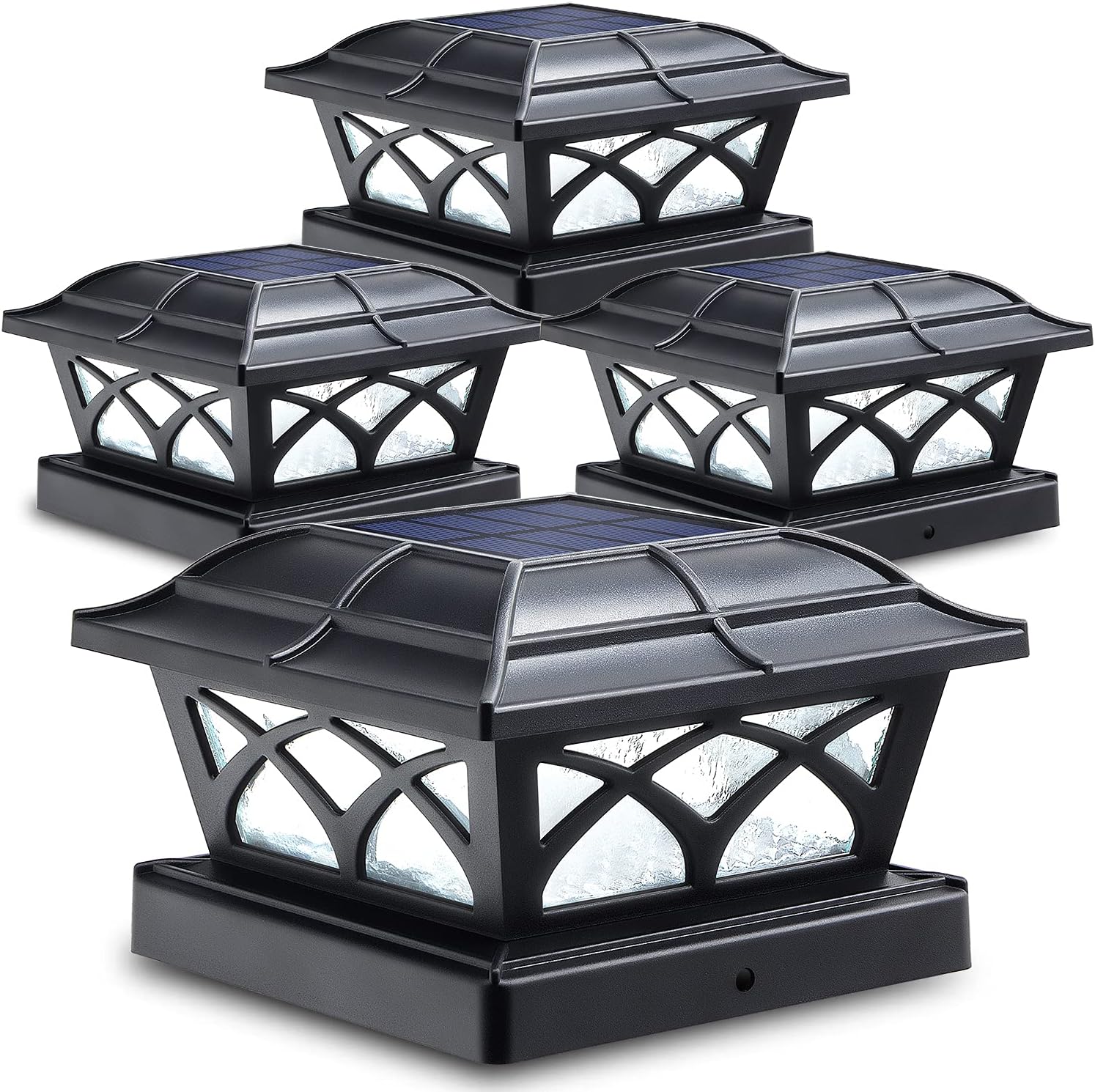 SIEDiNLAR Solar Post Cap Lights Outdoor Glass 2 Color Modes 8 LEDs for 4x4 5x5 6x6 Posts Deck Fence Patio Decoration Warm White & Cool White Lighting Black (4 Pack)