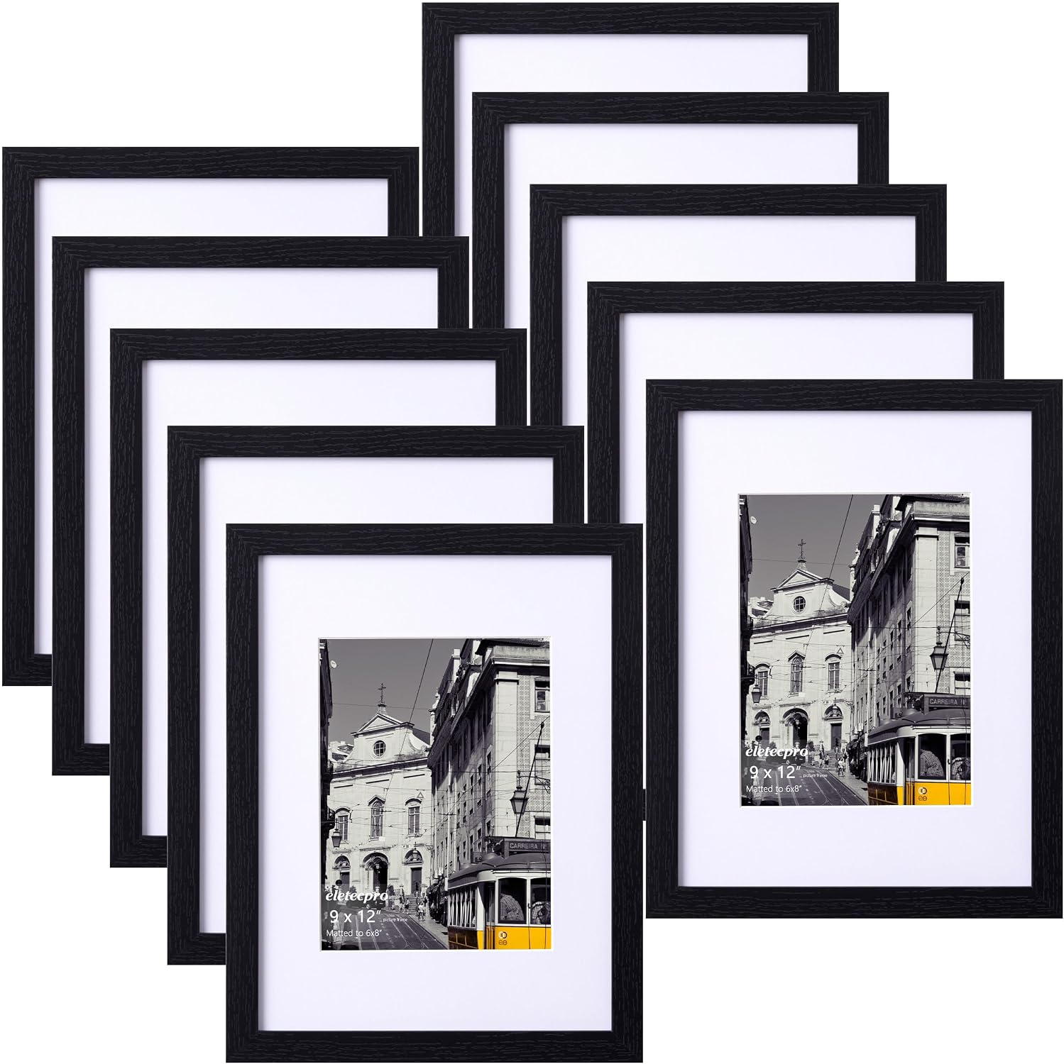 eletecpro 9x12 Picture Frames Set of 10, Picture Frame Collage Wall Decor Display 6x8 Photo with Mat or 9x12 without Mat, Home Decor Gallery Frame for Table Top or Wall Mounting, Black