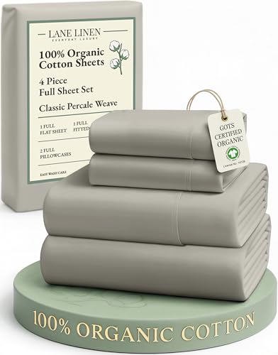 LANE LINEN 100% Organic Cotton Eco Friendly Full Size Sheet & Pillowcase Sets, 15" Deep Pocket Fully Elasticized Soft & Comfy Percale Bedding, Naturally Temperature Regulating Sheets Full- Silver