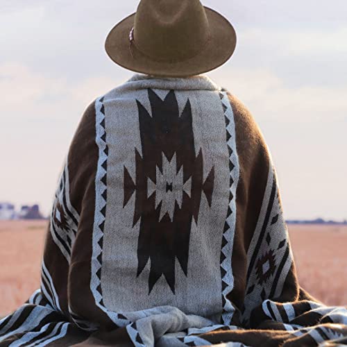 Aztec Patterned Throw Blanket with Soft Sherpa Lining, Traditional Southwestern Navajo Tribal Style Warm Throw for Camping, Outdoor, Light Weight Cozy Boho Blanket for Couch, Sofa, Bed, 60"x80", Brown