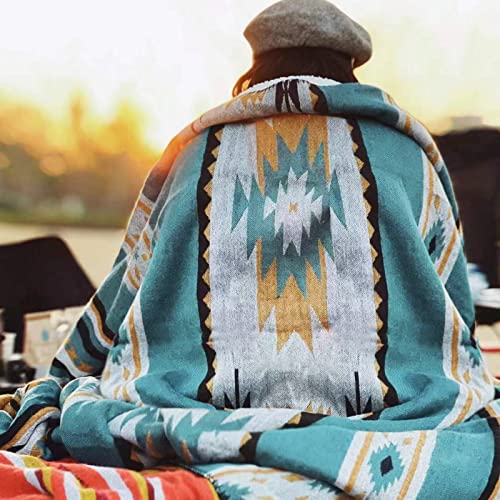 Aztec Patterned Throw Blanket with Soft Sherpa Lining, Traditional Southwestern Navajo Tribal Style Warm Throw for Camping, Outdoor, Light Weight Cozy Boho Blanket for Couch, Sofa, Bed, 60x80, Teal