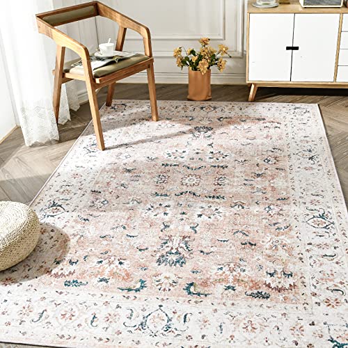jinchan Area Rug 3x5 Entryway Rug - Washable Vintage Boho Floral Floor Cover Lightweight Low Pile Indoor Doormat Thin Non-Slip Carpet for Kitchen Living Room Bedroom Dining Room Office Pink Blush