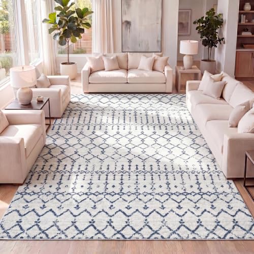 JONATHAN Y Boho Vintage Diamond Cream/Navy Indoor Area Rug 5X8 ft, Moroccan Hype for Living Room, Bedroom, Kitchen, Office, Easy-Cleaning, High Traffic, Pet-Friendly, Non-Shedding (MOH101F-5)
