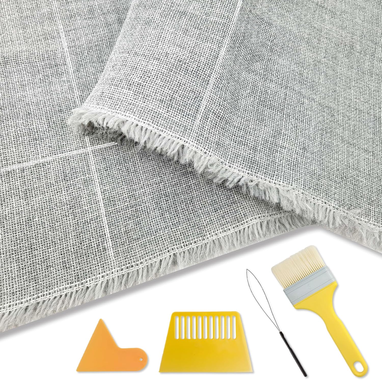 85" x 170" Large Primary Tufting Cloth with White Grid for Tufting Gun, Gray Foundation Rug Backing Fabric, Monks Cloth for Rug Tufting  Includes Yarn Threader, Glue Scrapers & Brush