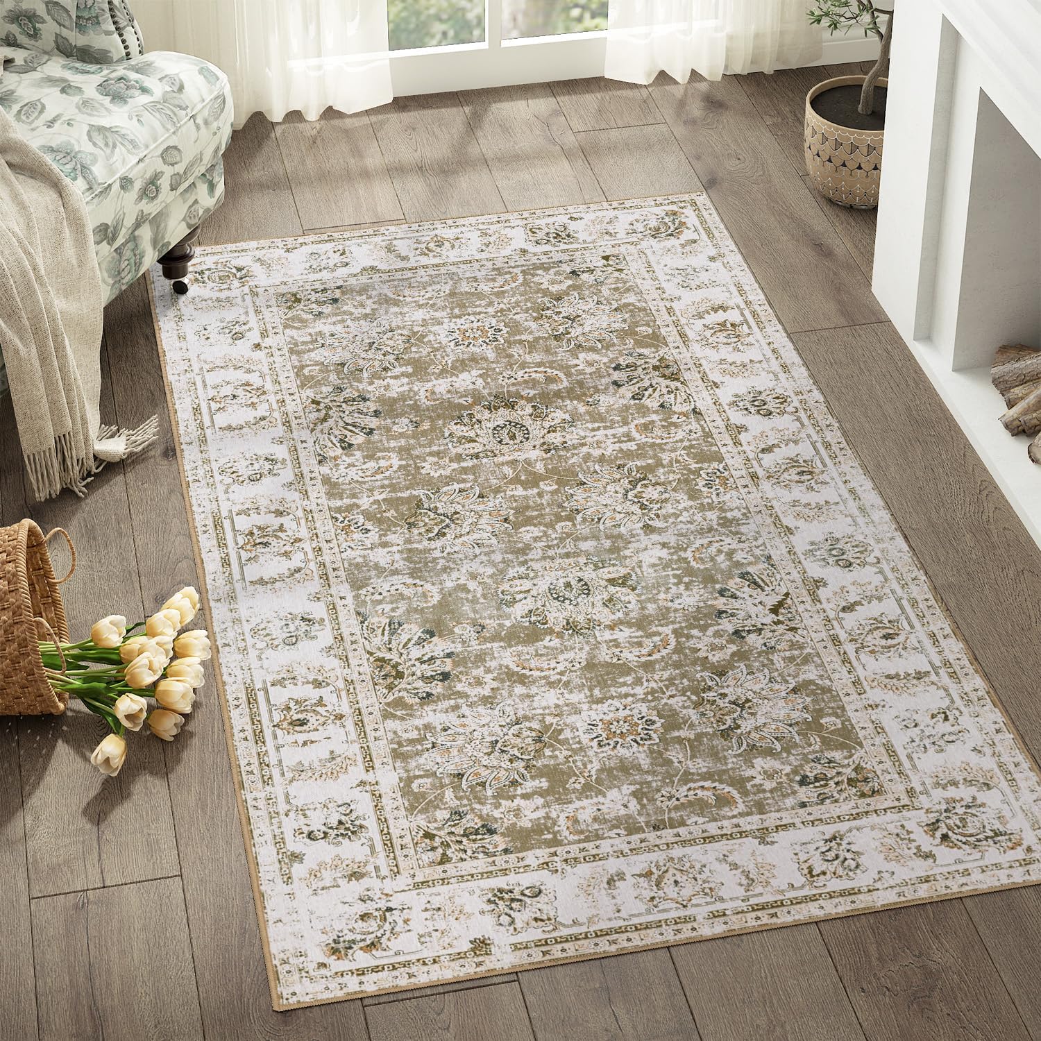 jinchan Floral 3x5 Area Rugs for Entryway - Machine Washable Taupe Vintage Distressed Design Doormat Non-Slip Ultra-Thin Low Pile Boho Rug for Kitchen Living Room Bedroom Farmhouse (3x5',Taupe)