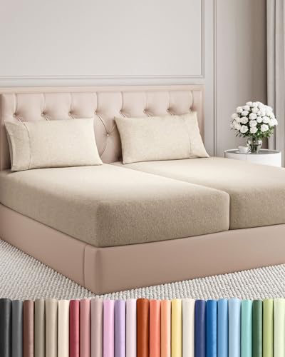 Split King Size 5 Piece Sheet Set - Comfy Breathable & Cooling Bed Sheets Set - Hotel Luxury Bedding - Deep Pockets & Wrinkle Free - Beige (Heathered Sheets)