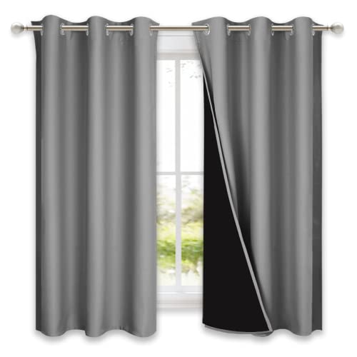 NICETOWN 100% Blackout Curtains with Black Liners, Solid Thermal Insulated Full Blackout 2-Layer Lined Drapes, Energy Efficiency Window Draperies for Bedroom (2 Panels, 42" W by 63" L, Silver Grey)