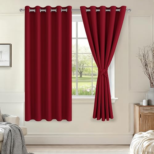 Hiasan Grommet Blackout Curtains for Bedroom, 60 x 72 Inches - Thermal Insulated & Light Blocking Window Drapes for Living Room/Dorm Room, Set of 2 Panels Sewn with Tiebacks, Christmas Red