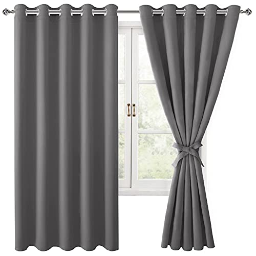 Hiasan Grommet Blackout Curtains for Bedroom, 60 x 72 Inches - Thermal Insulated & Light Blocking Window Drapes for Living Room/Dorm Room, Set of 2 Panels Sewn with Tiebacks, Light Grey