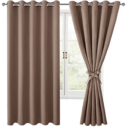 Hiasan Grommet Blackout Curtains for Bedroom, 60 x 72 Inches - Thermal Insulated & Light Blocking Window Drapes for Living Room/Dorm Room, Set of 2 Panels Sewn with Tiebacks, Cappuccino