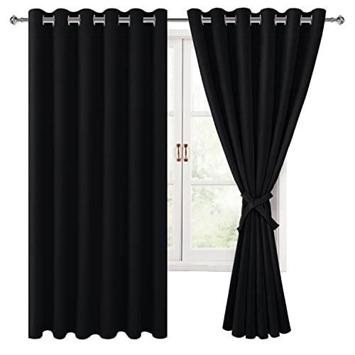 Hiasan Grommet Blackout Curtains for Bedroom, 70 x 63 Inches - Thermal Insulated & Noise reducing Window Drapes for Living Room/Dorm Room, Set of 2 Panels Sewn with Tiebacks, Black