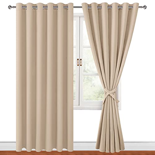 Hiasan Grommet Blackout Curtains for Bedroom, 70 x 84 Inches - Thermal Insulated & Light Blocking Window Drapes for Living Room/Dorm Room, Set of 2 Panels Sewn with Tiebacks, Beige