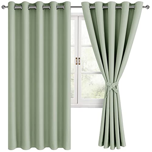 Hiasan Grommet Blackout Curtains for Bedroom, 60 x 72 Inches - Thermal Insulated & Light Blocking Window Drapes for Living Room/Dorm Room, Set of 2 Panels Sewn with Tiebacks, Seafoam Green
