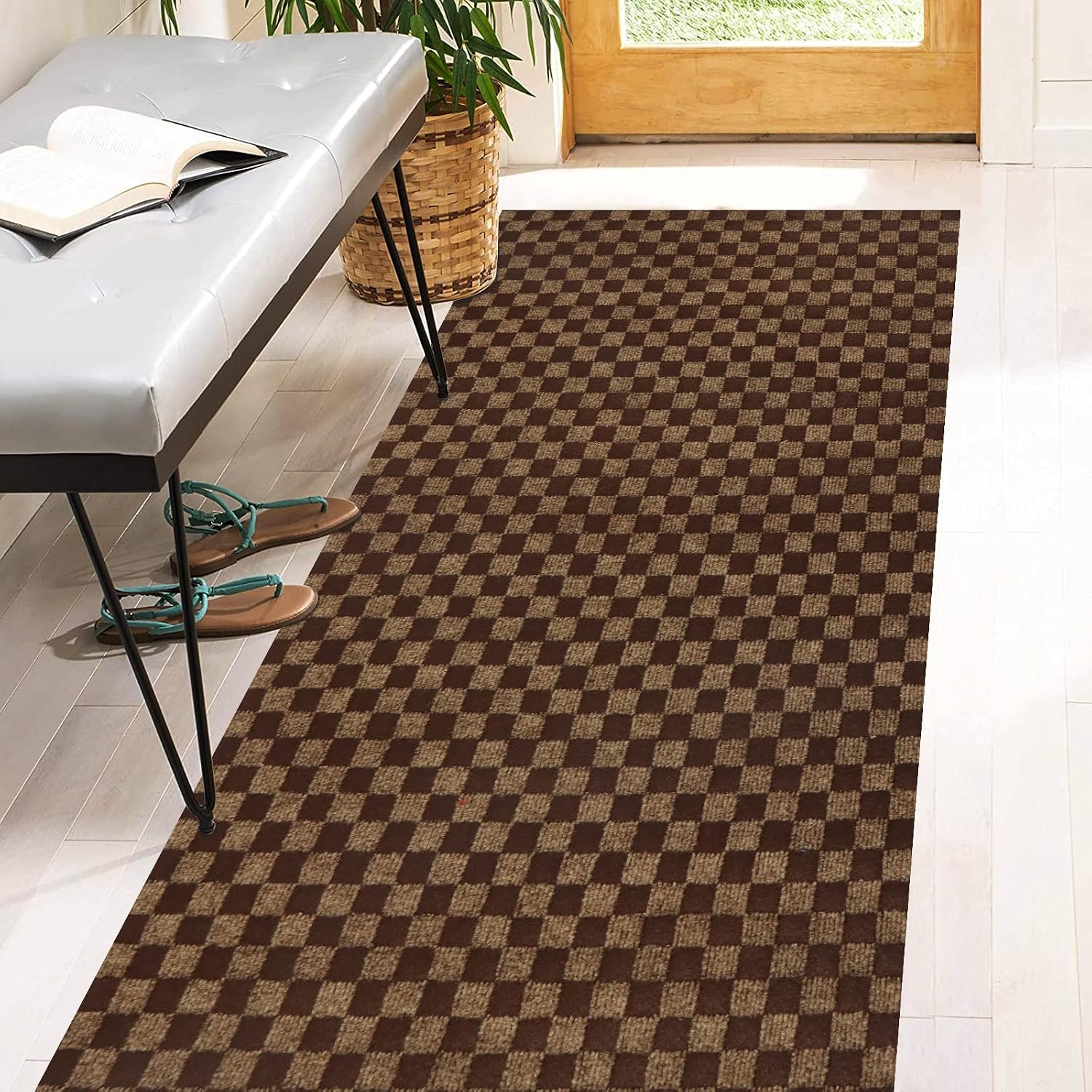 3' x 38' Runner Rugs with Rubber Backing, Indoor Outdoor Utility Carpet Runner Rugs, Checkered Brown, Can Be Used as Aisle for The RV and Boat, Laundry Room and Balcony