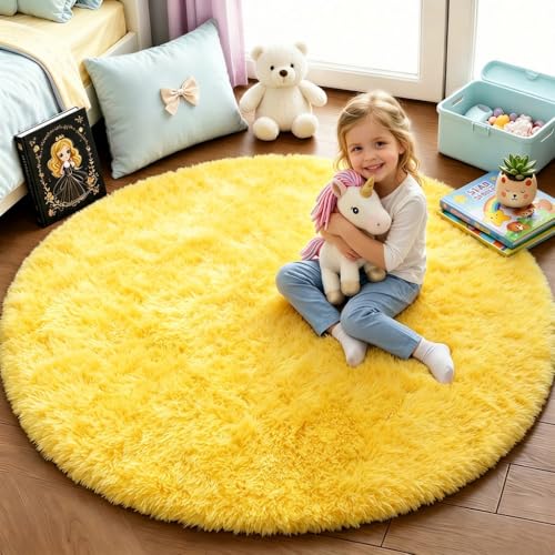 PAGISOFE Round Area Rugs 5Ft, Fluffy Yellow Carpets for Bedroom Girls,Cute Rug for Girls Room,Fuzzy Rug for Playroom,Circle Rugs for Kids Room,Shag Furry Carpet Rugs for Reading Nook, Baby Room