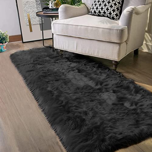Latepis Black Runner 2x5 Washable Rug Faux Sheepskin Bedroom Rug Soft Fluffy Fur Rugs for Sofa Cover Cushion Runner Room Decor, Runner