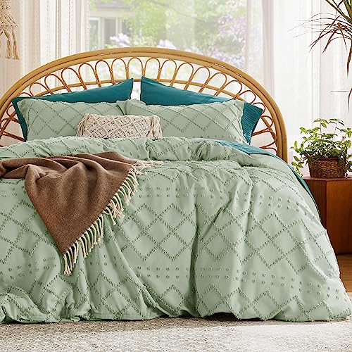 Bedsure Boho Duvet Cover Queen Size - Sage Green Breathable & Soft Boho Bedding, Machine Washable Comforter Cover for All Seasons, Includes 1 Duvet Cover 90"x90" with 2 Pillow Shams & Zipper Closure
