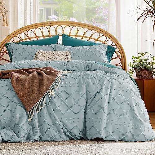 Bedsure Boho Duvet Cover King Size - Dusty Blue Breathable & Soft Boho Bedding, Machine Washable Comforter Cover for All Seasons, Includes 1 Duvet Cover 104"x90" with 2 Pillow Shams & Zipper Closure