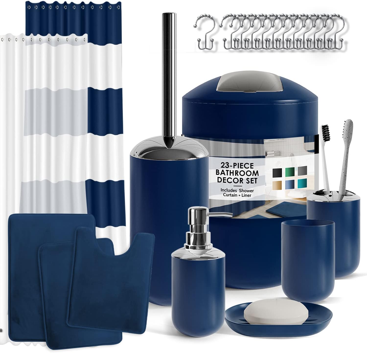 Clara Clark Bathroom Set - Navy Bathroom Accessories Set, Bathroom Sets with Shower Curtain and Rugs, 23PC Shower Curtain Set with Liner, Soap Dispenser, Soap Dish, Toilet Brush Holder, and Trash Can