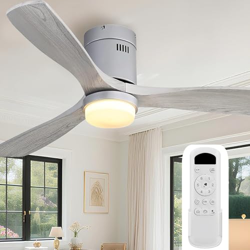 Sofucor Ceiling Fan with Lights 52 Inch Flush Mount Ceiling Fan with Remote Control, Wood Blades Modern Outdoor Ceiling Fans for Bedroom/Farmhouse/Patio/Indoor, Quiet DC Motor