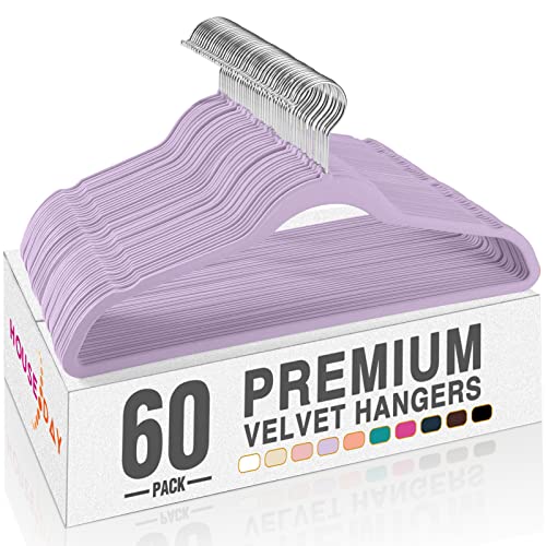 HOUSE DAY Lt-Purple Velvet Hangers 60 Pack, Non Slip Clothes Felt Hanger Heavy Duty for Coat, Premium Slim Space Saving Suit Hangers for Closet Organizer, 360 Rotating Silver Hook