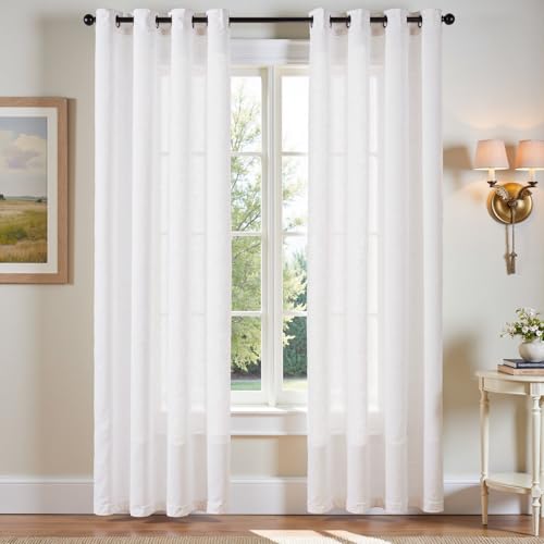 jinchan White Semi Sheer Linen Curtains 90 inch Length 2 Panels Set Grommet Light Filtering Living Room Curtain Panles Home Office Minimalist Decor Farmhouse Boho Burlap Textured Curtains 50 Inch Wide