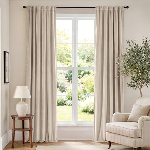 Lazzzy Beige Velvet Curtains 90 Inches Long Thermal Insulated Drapes for Living Room Bedroom Room Darkening Window Treatments Light Reducing Super Soft Luxury Rod Pocket 2 Panels Cream Beige