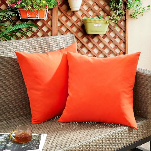 puredown Outdoor Waterproof Throw Pillows, 22 x 22 Inch Feathers and Down Filled Decorative Square Pillows for Garden Patio Bench, Pack of 2, Orange