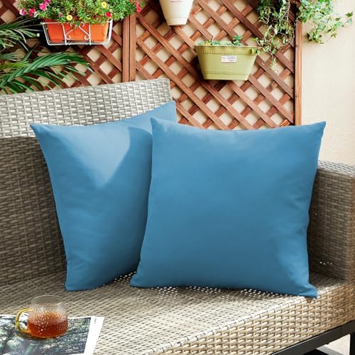 puredown Outdoor Waterproof Throw Pillows, 26 x 26 Inch Feathers and Down Filled Decorative Square Pillows for Garden Patio Bench, Pack of 2, Blue