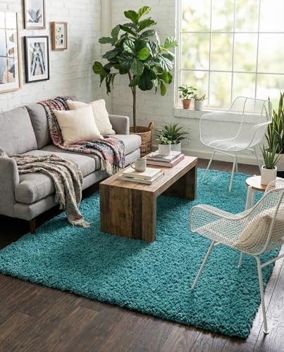 Rugs.com - Uber Cozy Solid Shag Collection Rug  6' x 9' Deep Aqua Blue Shag Rug Perfect for Bedrooms, Dining Rooms, Living Rooms