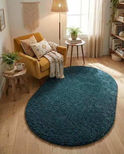 Rugs.com - Uber Cozy Solid Shag Collection Rug  3' x 5' Oval Sapphire Blue Shag Rug Perfect for Living Rooms, Large Dining Rooms, Open Floorplans