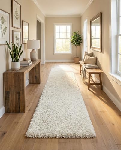 Rugs.com - Uber Cozy Solid Shag Collection Rug  16 Ft Runner Snow White Shag Rug Perfect for Hallways, Entryways