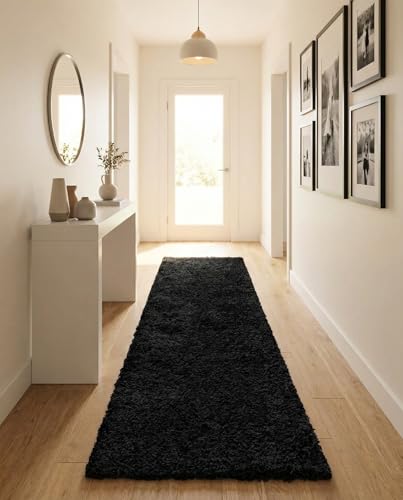 Rugs.com - Uber Cozy Solid Shag Collection Rug  13 Ft Runner Jet Black Shag Rug Perfect for Hallways, Entryways