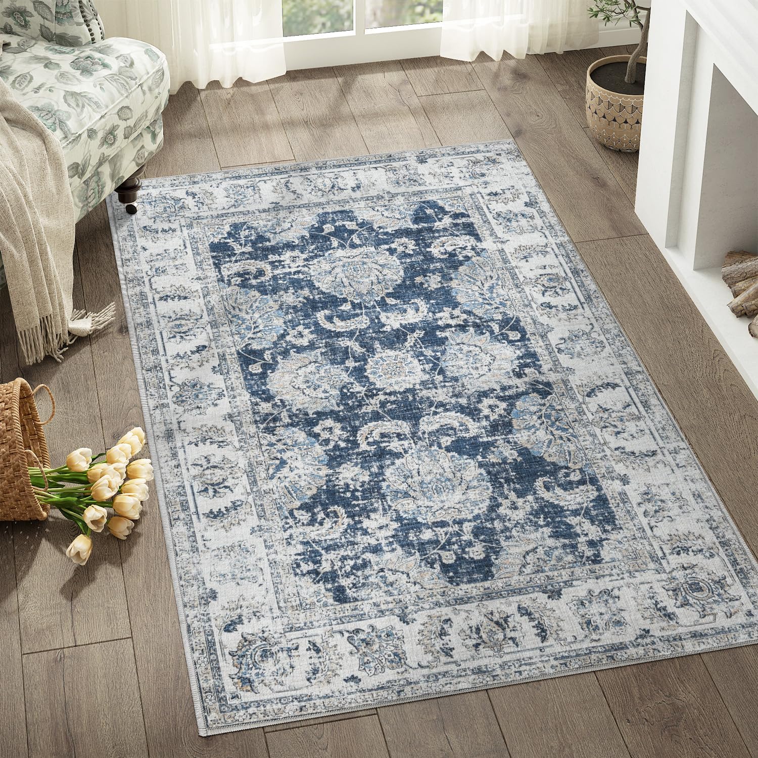 jinchan Floral 3x5 Area Rugs for Entryway - Machine Washable Taupe Vintage Distressed Design Doormat Non-Slip Ultra-Thin Low Pile Boho Rug for Kitchen Living Room Bedroom Farmhouse (3x5',Dark Blue)