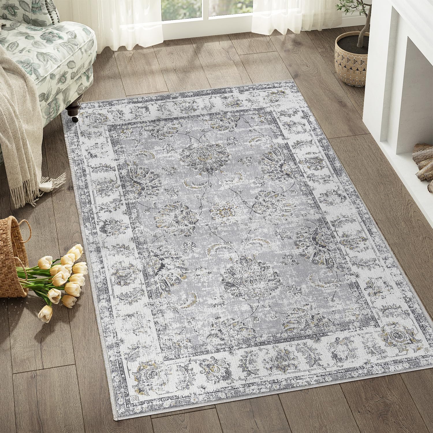 jinchan Floral 3x5 Area Rug (Grey)