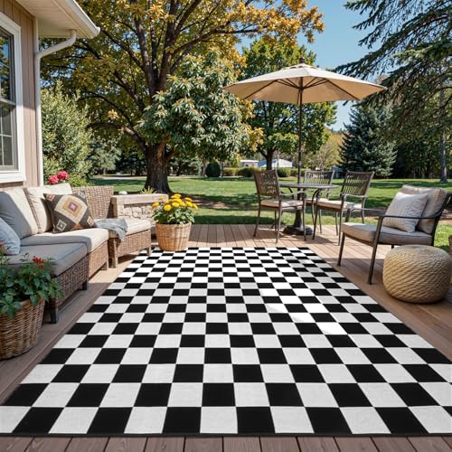 Seavish Checkered Rug, 5x6.5 Ft Black and White Outdoor Rug Moroccan Checkerboard Mat Washable Runner Rug Cotton Woven for Hallway Front Door Bedroom Entryway Kitchen Floor Reversible Area Rugs