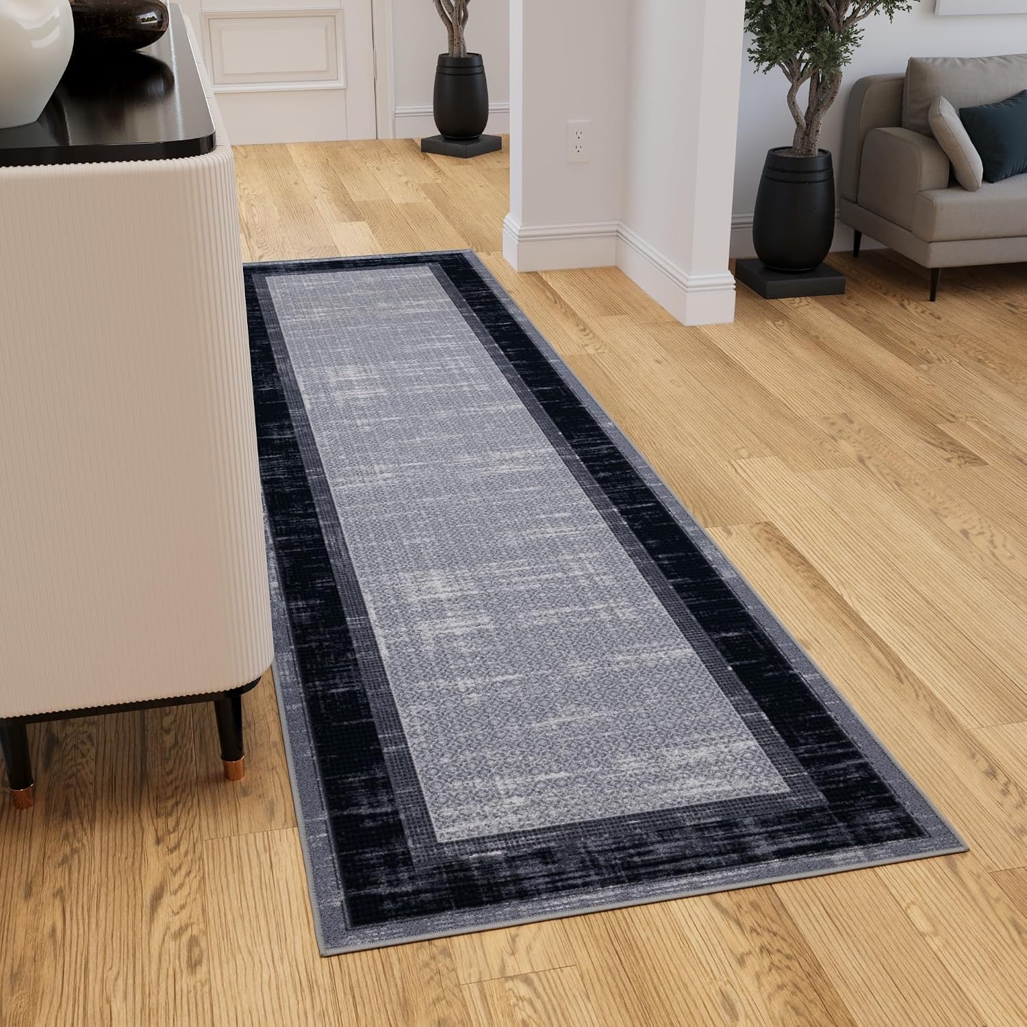 Ottomanson Hallway Runner Rug 2'7" x 9'10" Non Slip Border Area Rugs Easy to Clean Laundry Rug Runner Durable & Pet Friendly Floor Carpet Runners for Hallways Entryway Living Room Kitchen, Gray/Navy