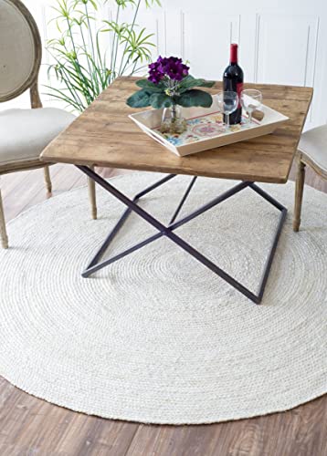 FRELISH DECOR Handwoven Jute Area Rug - Off-White Round Rustic Vintage Beige Braided Reversible Rug - Eco Friendly Rug for Bedroom - Kitchen - Living Room - Farmhouse (4' Round - Off-White)